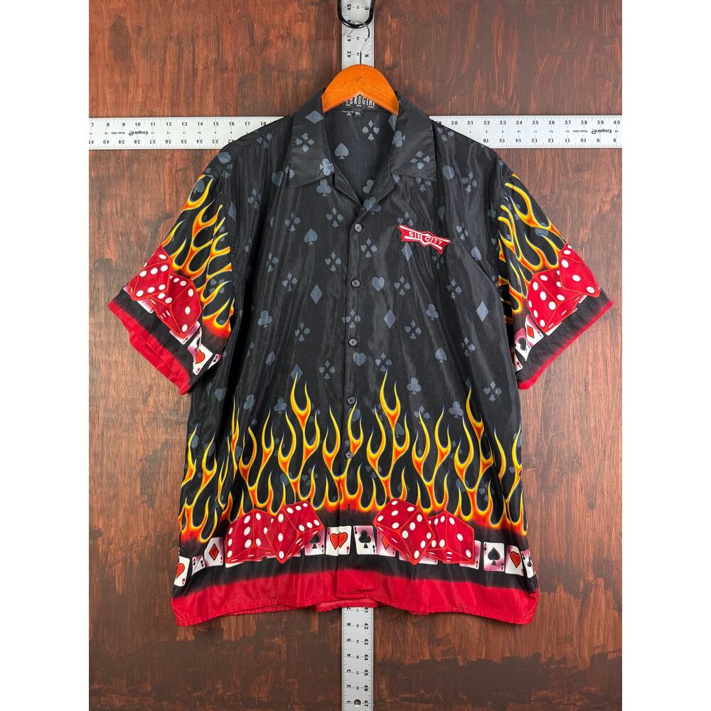 Ferugini Las Vegas Sin City JNCO Style Flames Cards‎ Dice Button Shirt Mens XL